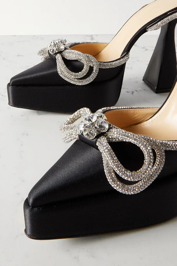 MACH & MACH - Double Bow Crystal-embellished Satin Platform Pumps - Black - Image 4