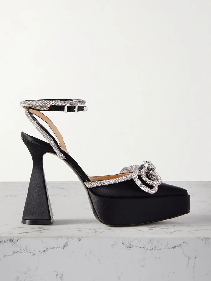 MACH & MACH - Double Bow Crystal-embellished Satin Platform Pumps - Black