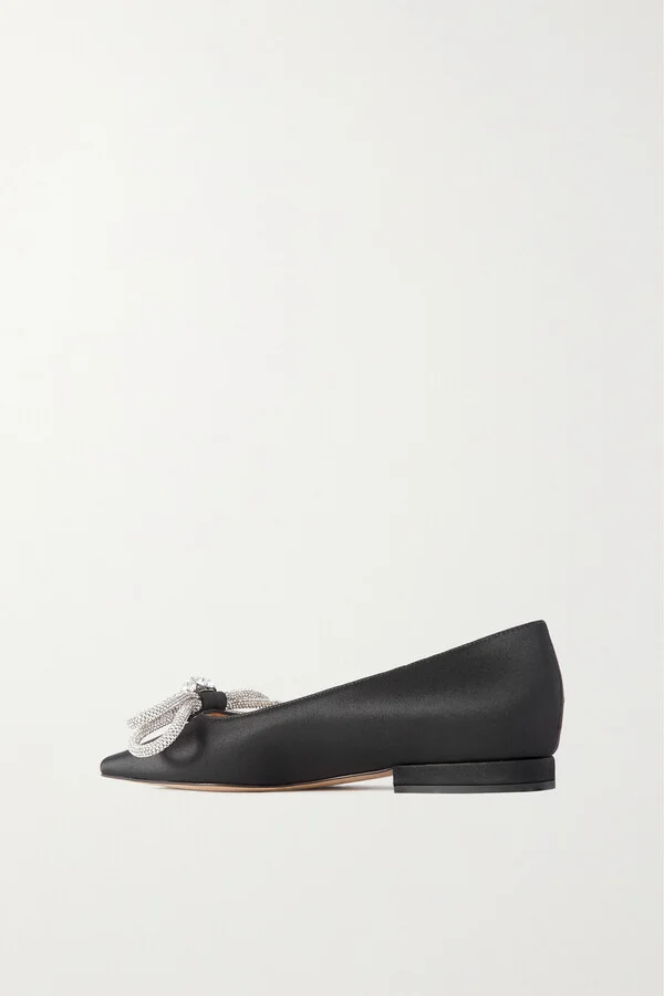 MACH & MACH - Double Bow Crystal-embellished Satin Point-toe Flats - Black - Image 3
