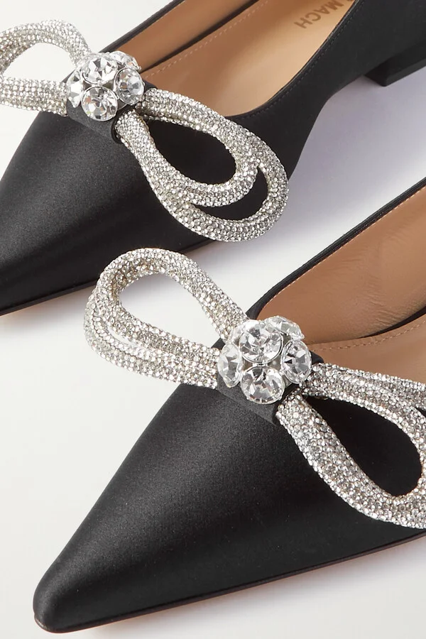 MACH & MACH - Double Bow Crystal-embellished Satin Point-toe Flats - Black - Image 4