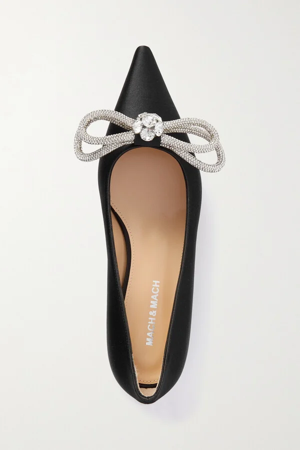 MACH & MACH - Double Bow Crystal-embellished Satin Point-toe Flats - Black - Image 5
