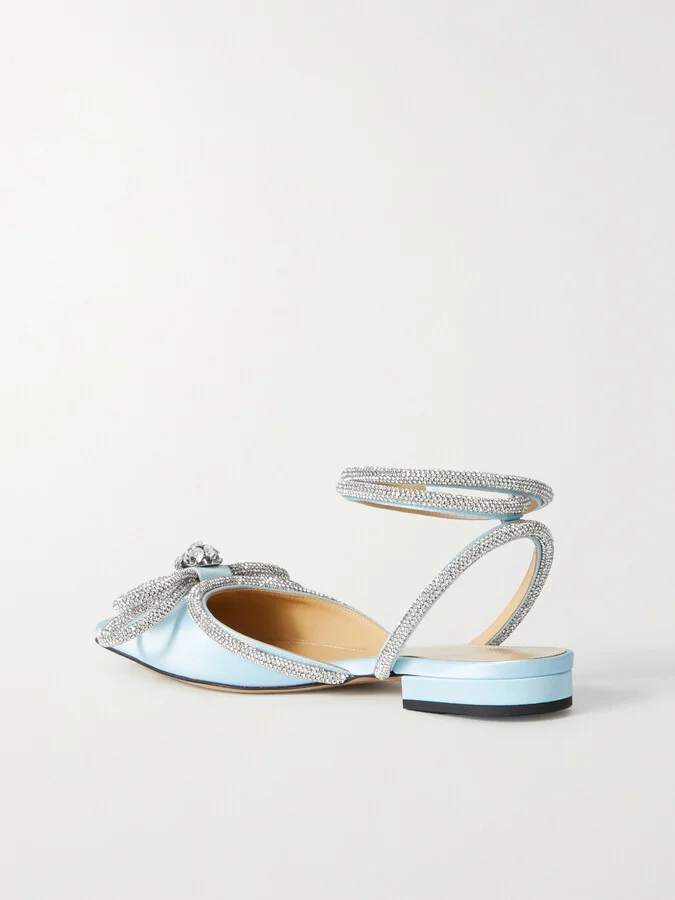MACH & MACH - Double Bow Crystal-embellished Satin Point-toe Flats - Blue - Image 3