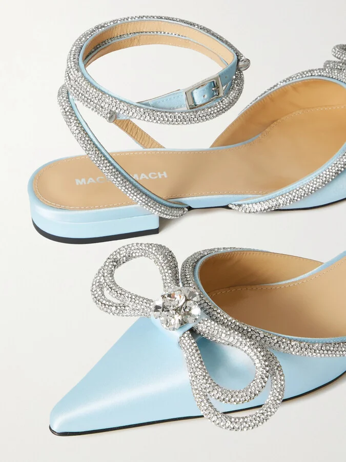 MACH & MACH - Double Bow Crystal-embellished Satin Point-toe Flats - Blue - Image 4