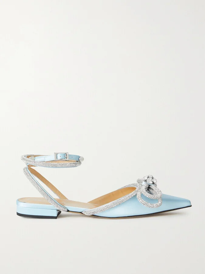 MACH & MACH - Double Bow Crystal-embellished Satin Point-toe Flats - Blue