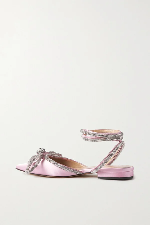 MACH & MACH - Double Bow Crystal-embellished Satin Point-toe Flats - Pink - Image 3
