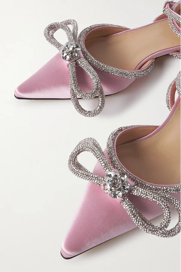 MACH & MACH - Double Bow Crystal-embellished Satin Point-toe Flats - Pink - Image 4