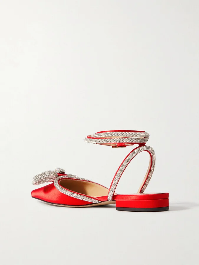 MACH & MACH - Double Bow Crystal-embellished Satin Point-toe Flats - Red - Image 3