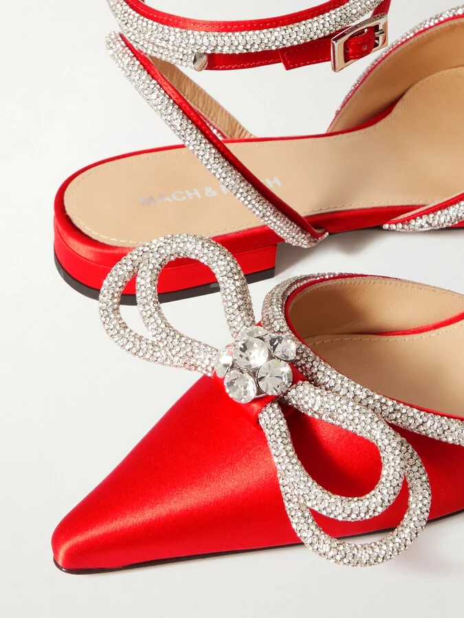 MACH & MACH - Double Bow Crystal-embellished Satin Point-toe Flats - Red - Image 4