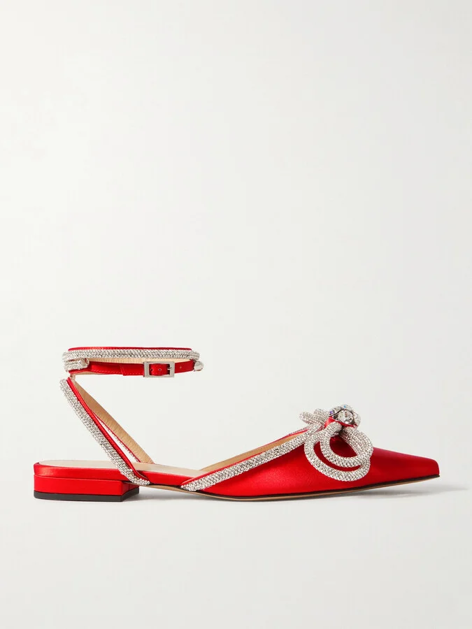 MACH & MACH - Double Bow Crystal-embellished Satin Point-toe Flats - Red