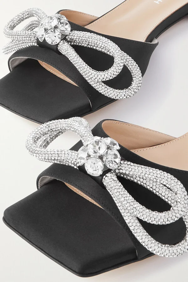 MACH & MACH - Double Bow Crystal-embellished Satin Slides - Black - Image 4