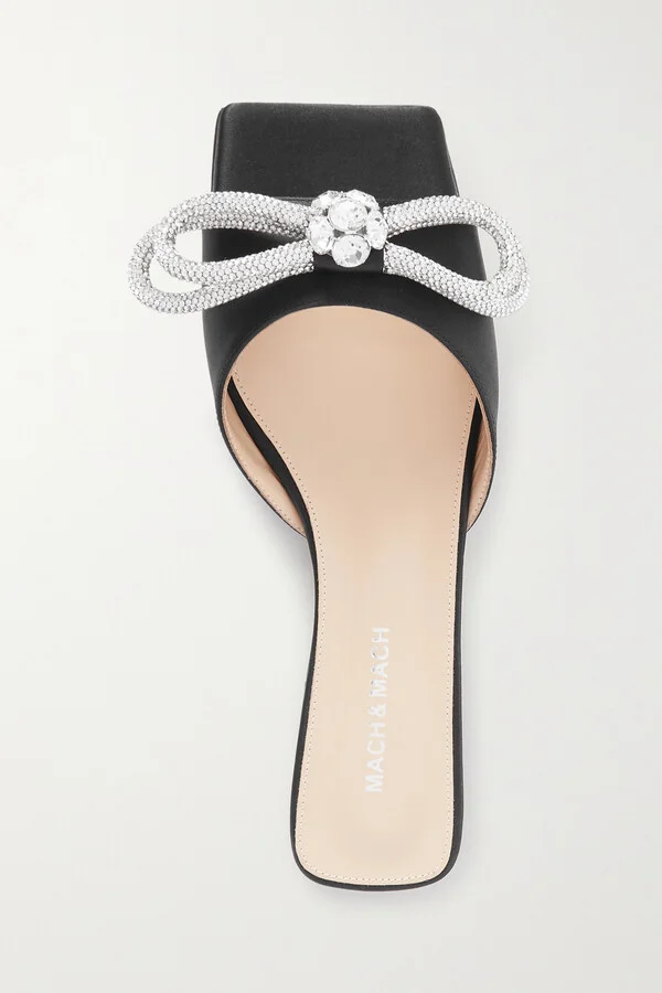 MACH & MACH - Double Bow Crystal-embellished Satin Slides - Black - Image 5