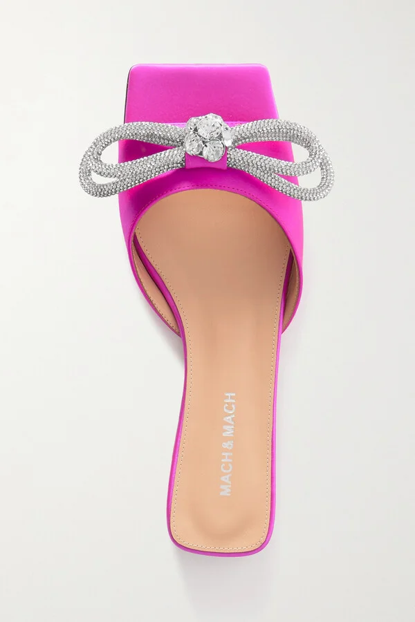MACH & MACH - Double Bow Crystal-embellished Satin Slides - Pink - Image 5