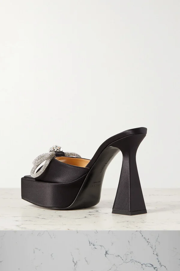 MACH & MACH - Double Bow Crystal-embellished Silk-satin Platform Mules - Black - Image 3