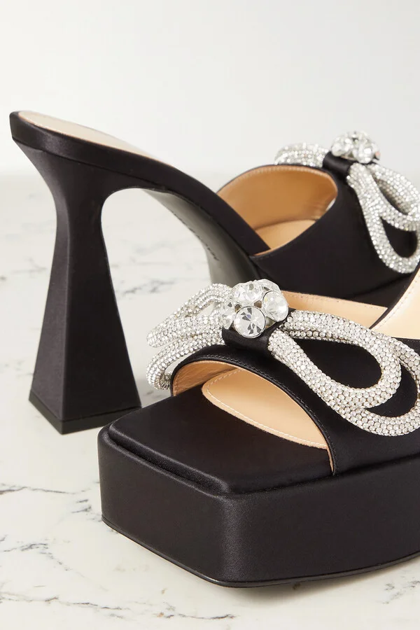 MACH & MACH - Double Bow Crystal-embellished Silk-satin Platform Mules - Black - Image 4