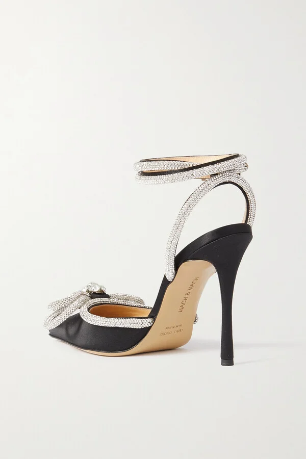 MACH & MACH - Double Bow Crystal-embellished Silk-satin Point-toe Pumps - Black - Image 3