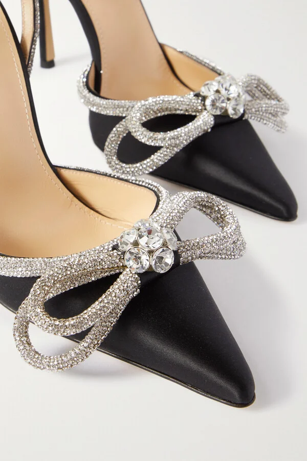 MACH & MACH - Double Bow Crystal-embellished Silk-satin Point-toe Pumps - Black - Image 4