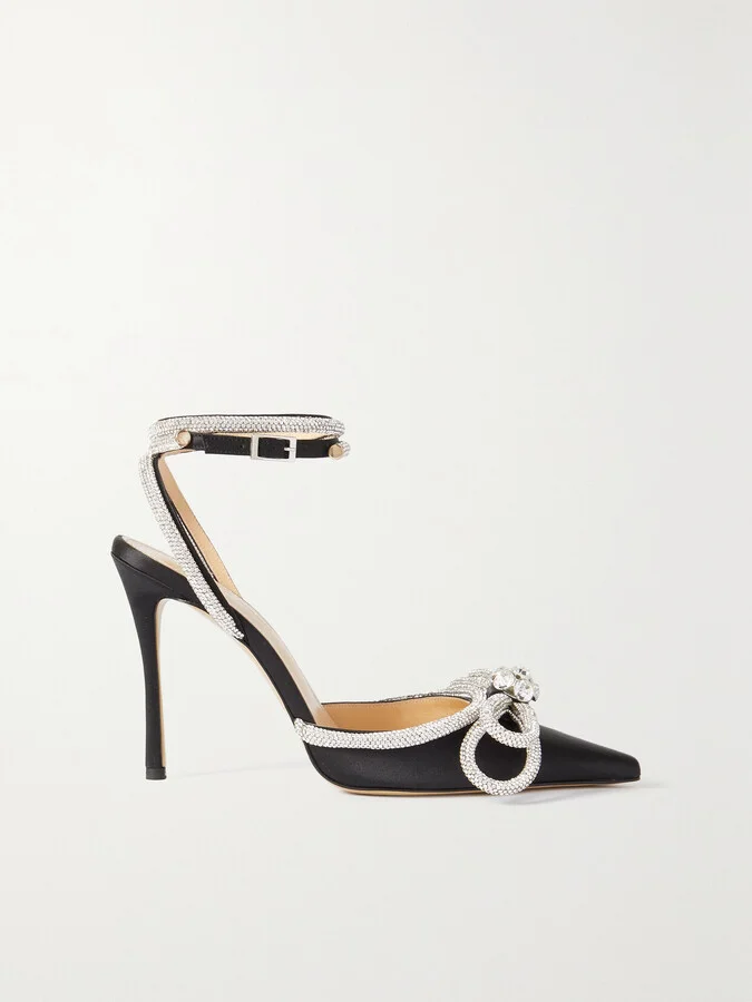 MACH & MACH - Double Bow Crystal-embellished Silk-satin Point-toe Pumps - Black