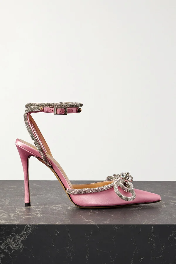 MACH & MACH - Double Bow Crystal-embellished Silk-satin Point-toe Pumps - Pink