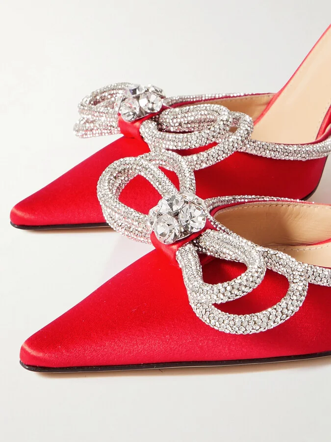 MACH & MACH - Double Bow Crystal-embellished Silk-satin Pumps - Red - Image 4