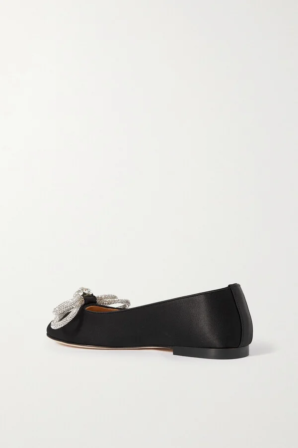 MACH & MACH - Double Bow Glitter Crystal-embellished Satin Ballet Flats - Black - Image 3