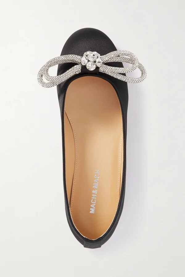 MACH & MACH - Double Bow Glitter Crystal-embellished Satin Ballet Flats - Black - Image 6