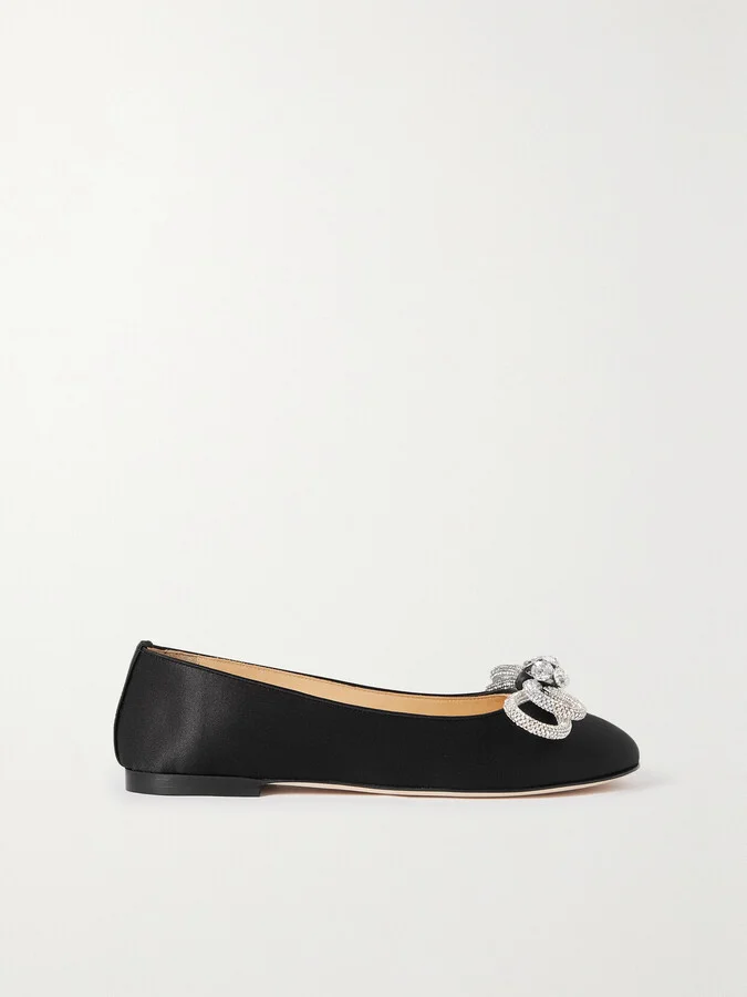 MACH & MACH - Double Bow Glitter Crystal-embellished Satin Ballet Flats - Black