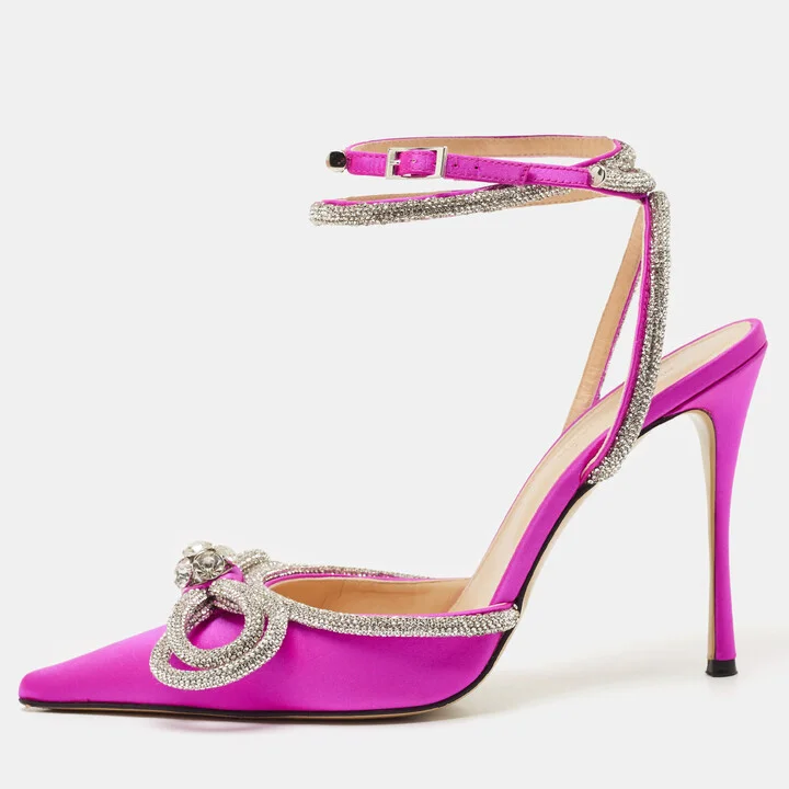 Mach & Mach Fuchsia Satin Double Bow Crystal Embellished Pumps Size 38