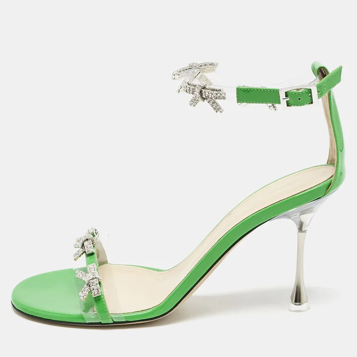 Mach & Mach Green Patent Leather and PVC Floating Crystal Bow Sandals Size 38