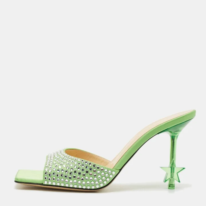 Mach & Mach Green Satin Crystal Embellished Star Slide Sandals Size 38