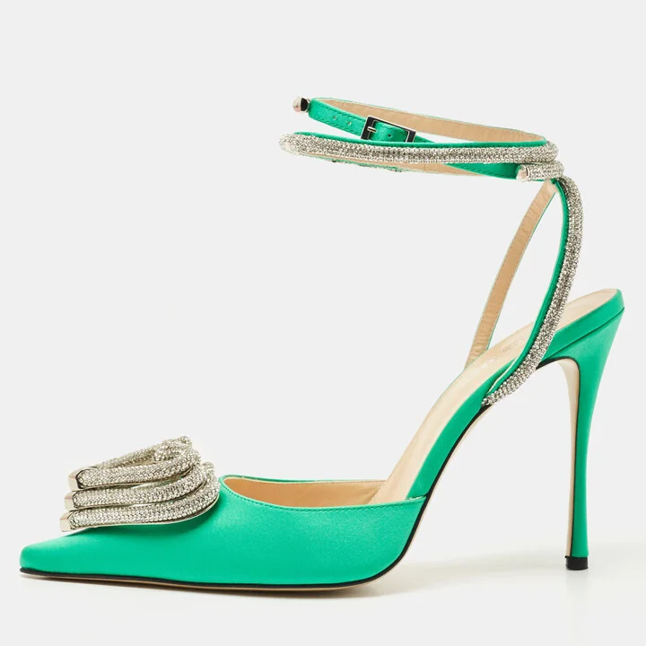 Mach & Mach Green Satin Crystal Embellished Triple Heart Ankle Wrap Pumps Size 41