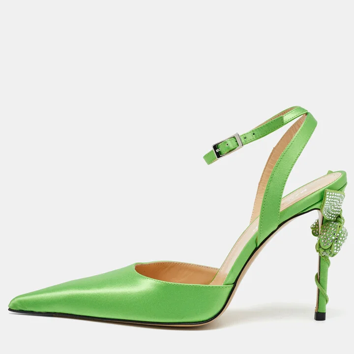 Mach & Mach Green Satin Wonder Tulip Pointed Toe Ankle Strap Sandals Size 37