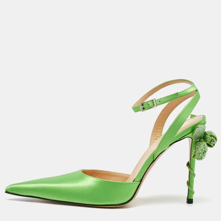 Mach & Mach Green Satin Wonder Tulip Pointed Toe Ankle Strap Sandals Size 39