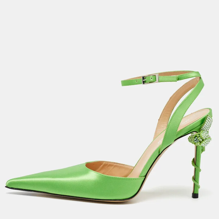 Mach & Mach Green Satin Wonder Tulip Pointed Toe Ankle Strap Sandals Size 39