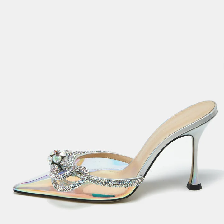 Mach & Mach Iridescent PVC Crystal Embellished Double Bow Mules Size 37