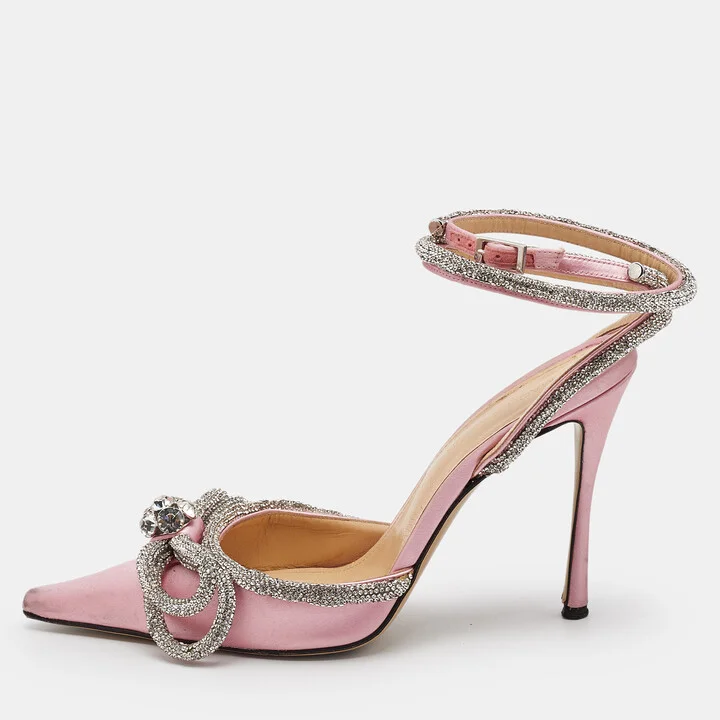 Mach & Mach Light Pink/Silver Satin Double Bow Crystal Embellished Pumps Size 38.5