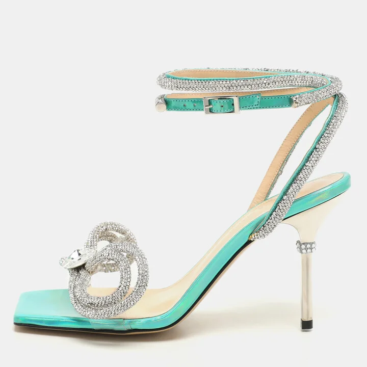 Mach & Mach Multicolor Iridescent Leather and PVC Crystal Embellished Bow Ankle Wrap Sandals Size 37