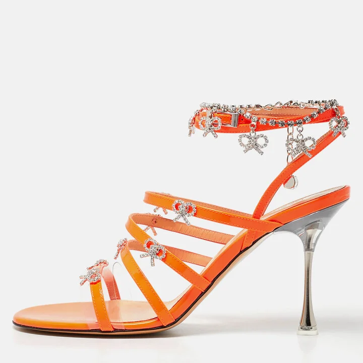 Mach & Mach Neon Orange Patent Leather Crystal Bow Camille Sandals Size 38