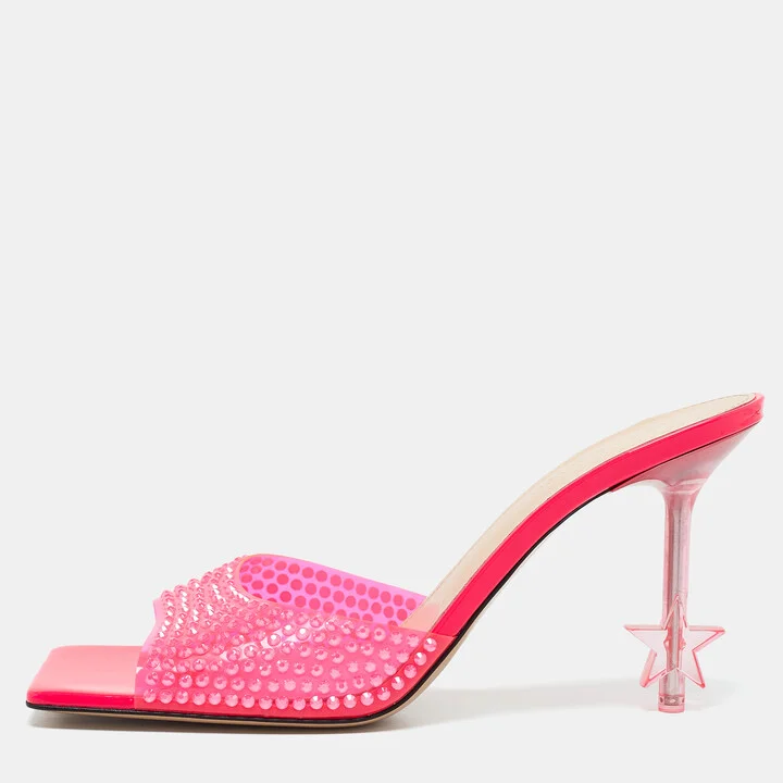 Mach & Mach Neon Pink PVC Crystal Embellished Star Slide Sandals Size 40