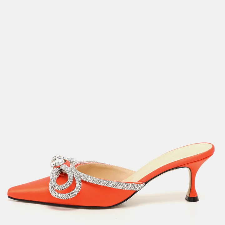 Mach & Mach Orange Satin Crystal Embellished Double Bow Mules Size 37