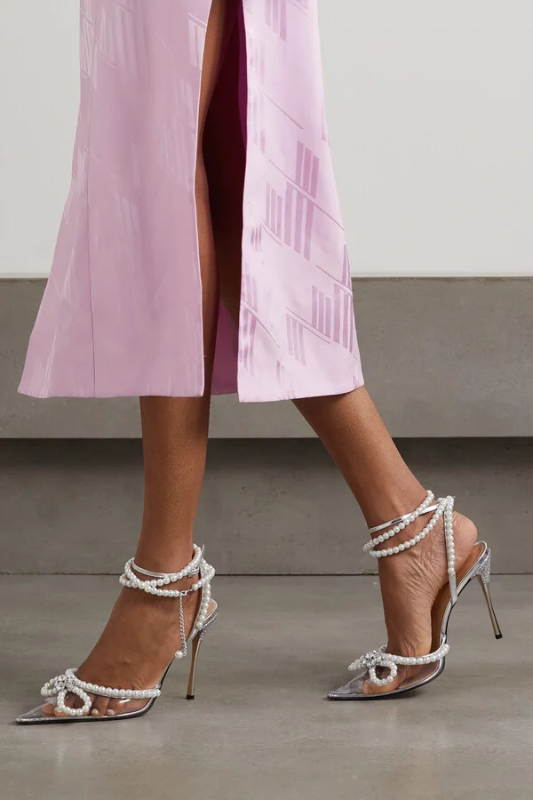 MACH & MACH - Pearl Bow Crystal-embellished Metallic Leather And Pvc Pumps - Neutrals - Image 2