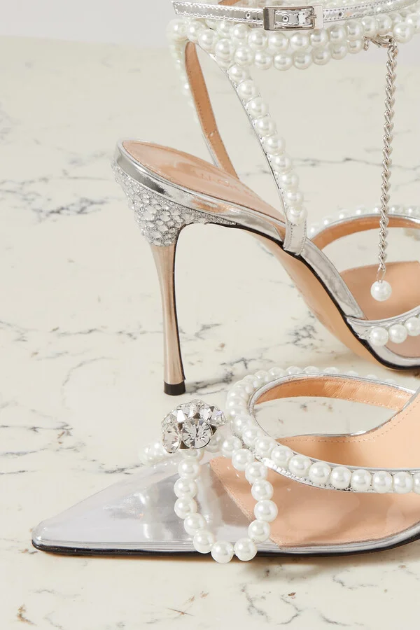 MACH & MACH - Pearl Bow Crystal-embellished Metallic Leather And Pvc Pumps - Neutrals - Image 4