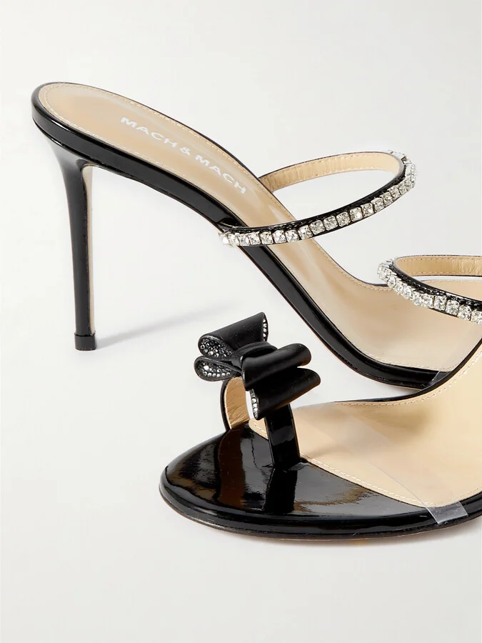 MACH & MACH - Petite Cadeau Crystal And Bow-embellished Patent-leather Mules - Black - Image 4