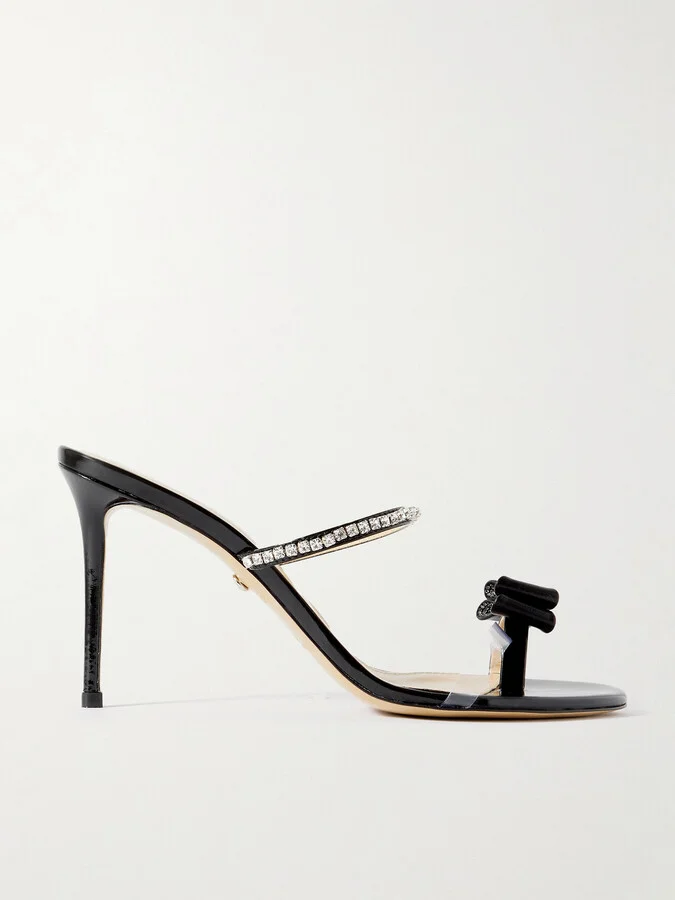 MACH & MACH - Petite Cadeau Crystal And Bow-embellished Patent-leather Mules - Black