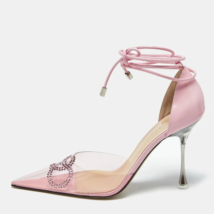 Mach & Mach Pink Leather and PVC Crystal Bow Ankle Strap Pumps Size 39