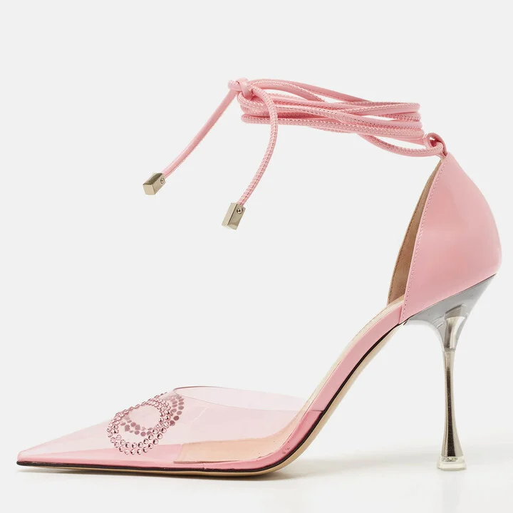 Mach & Mach Pink Leather and PVC Crystal Embellished Bow Ankle Tie Pumps Size 39