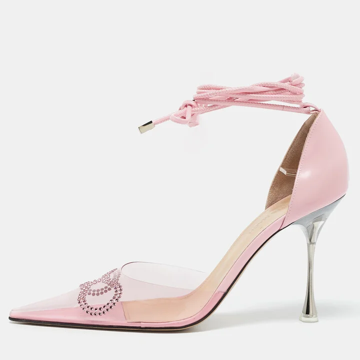 Mach & Mach Pink Leather and PVC Crystal Embellished Bow Ankle Wrap Sandals Size 40.5