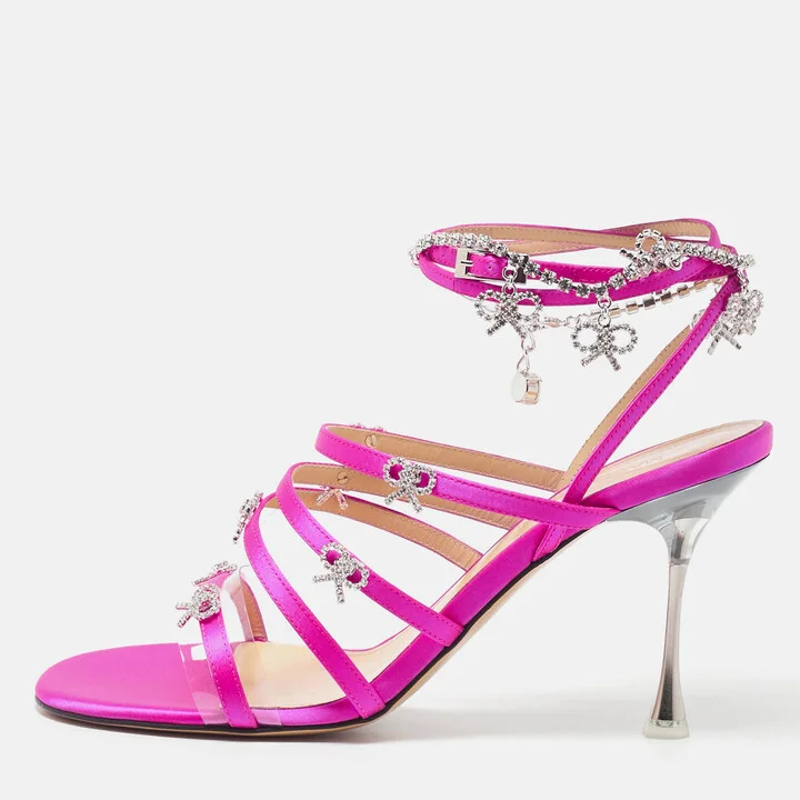 Mach & Mach Pink Satin Crystal Bow Camille Sandals Size 38.5