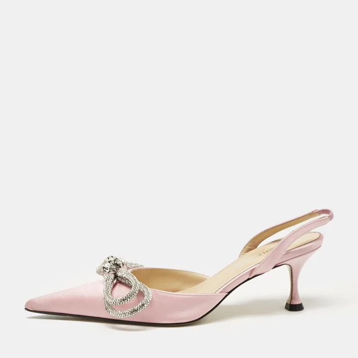 Mach & Mach Pink Satin Crystal Embellished Double Bow Ankle Wrap Pumps Size 36