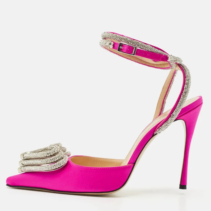 Mach & Mach Pink Satin Crystal Embellished Triple Heart Ankle Wrap Pumps Size 40