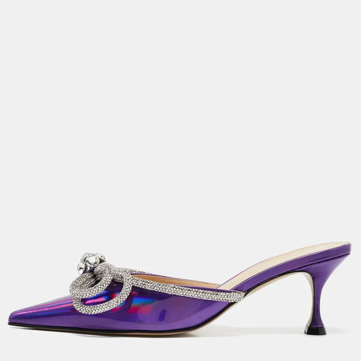Mach & Mach Purple Iridescent Leather Crystal Embellished Double Bow Mules Size 37